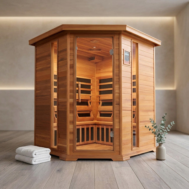 4-Person Cedar Corner Infrared Sauna — Studio Shot