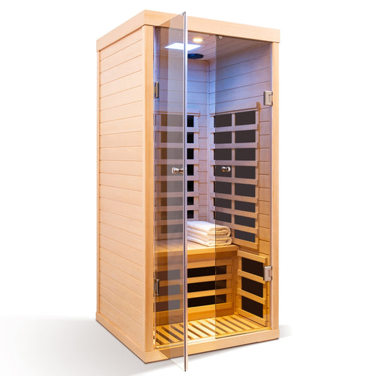HouseOfZazla 1-Person FAR Infrared Sauna | Low EMF | Hemlock | Glass Double Doors | 1420W