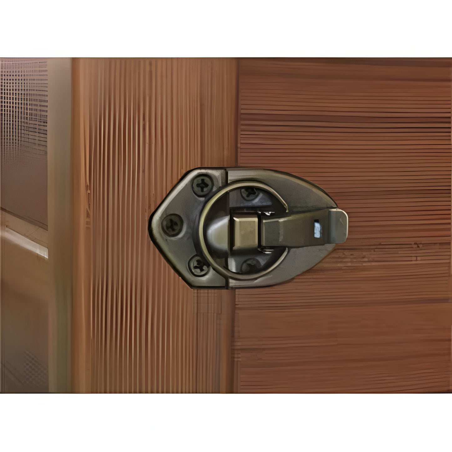 Close-up of a wooden door with a brass latch