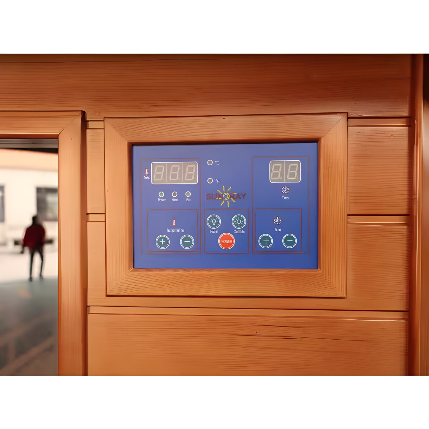 Digital display on a wooden sauna door with.