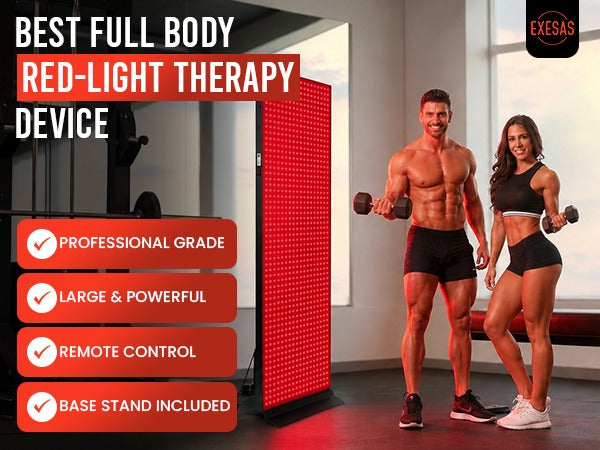 Exesas red-light therapy device with a man and woman exercising in a modern room.