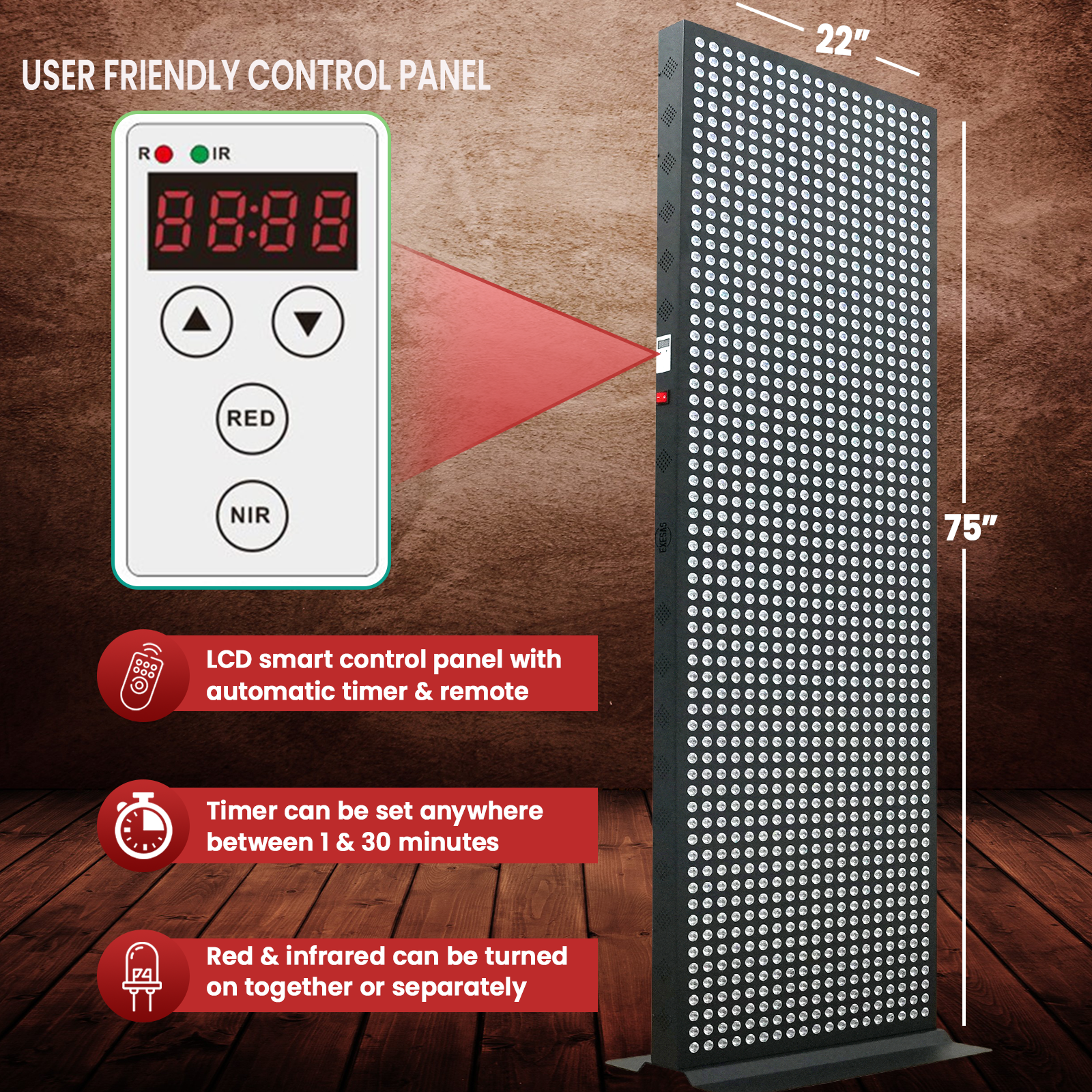 LED panel with control panel and features on a wooden background