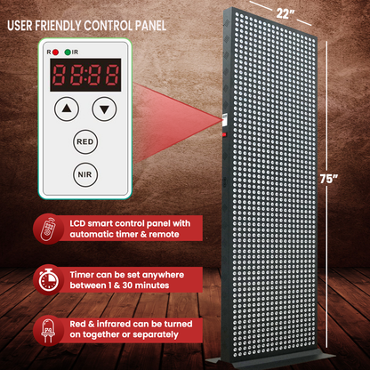 LED panel with control panel and features on a wooden background