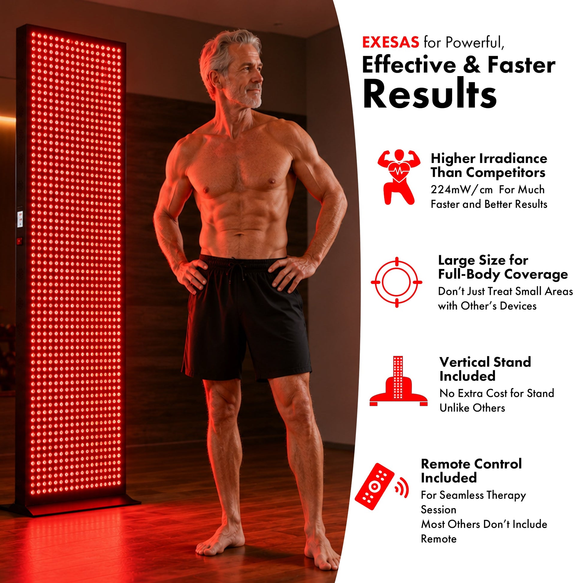 Man standing next to a red light therapy panel with promotional text on the right.