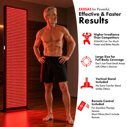 Man standing next to a red light therapy panel with promotional text on the right.