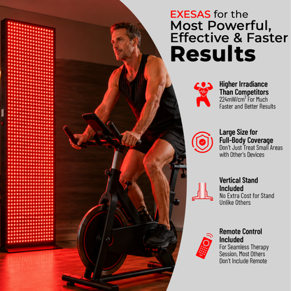 Man using a red light therapy device on a bike with promotional text about its benefits.
