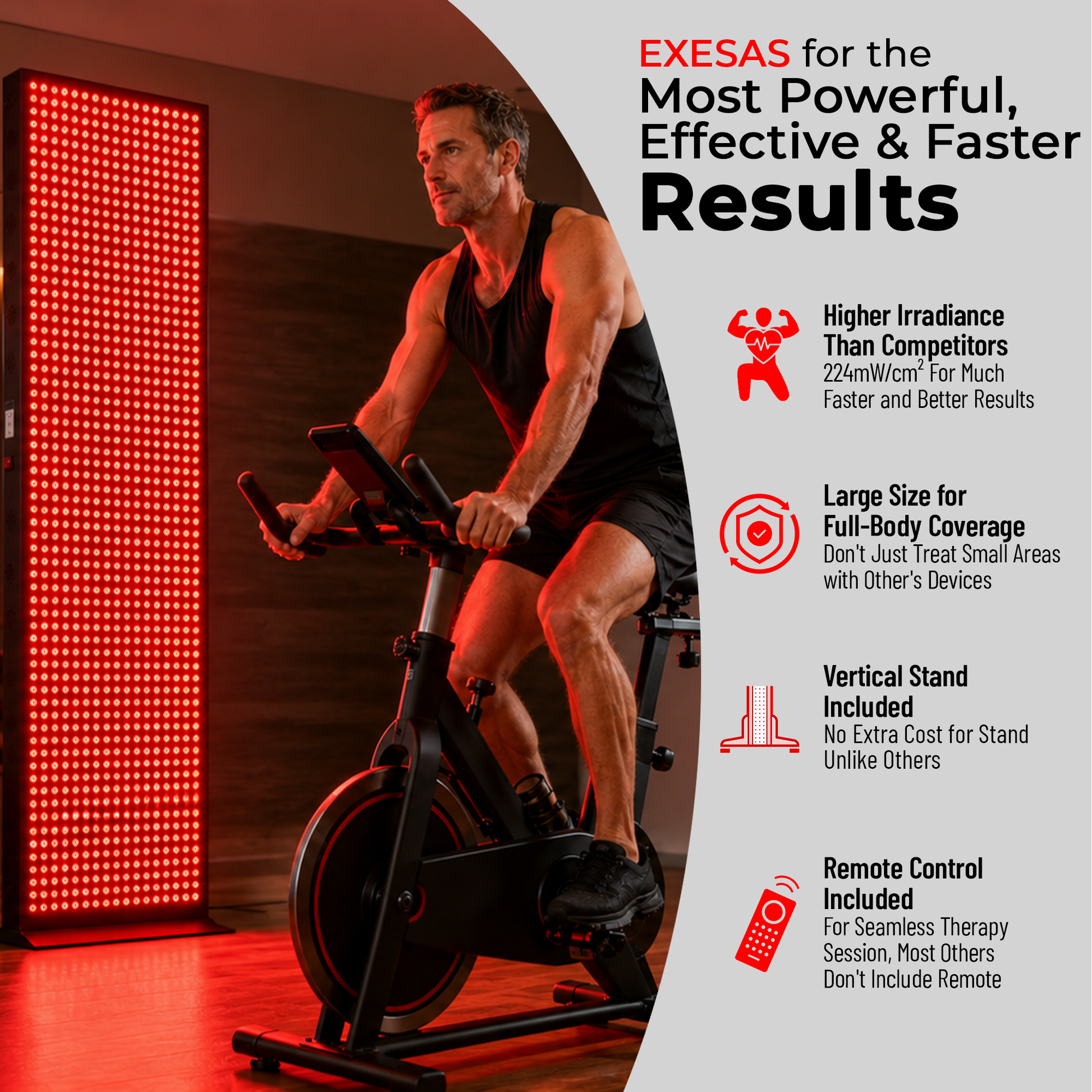 Man using a red light therapy device on a bike with promotional text about its benefits.