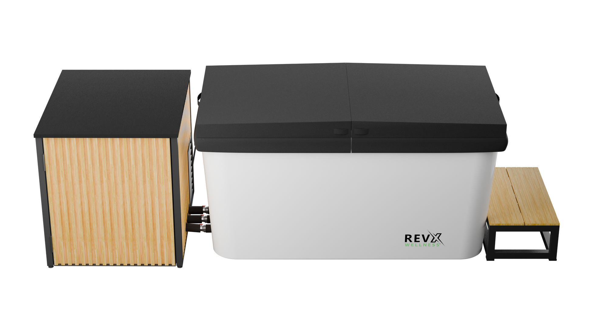 Outdoor cold plunge and chiller, black lid, wooden bench, andREVX branding on a white background.