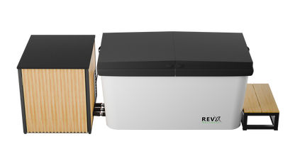Outdoor cold plunge and chiller, black lid, wooden bench, andREVX branding on a white background.