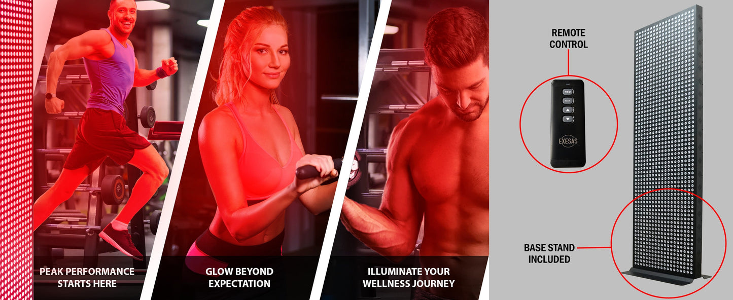 Product advertisement with a remote control and base stand, featuring people exercising in a gym setting.
