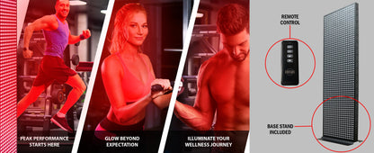 Product advertisement with a remote control and base stand, featuring people exercising in a gym setting.