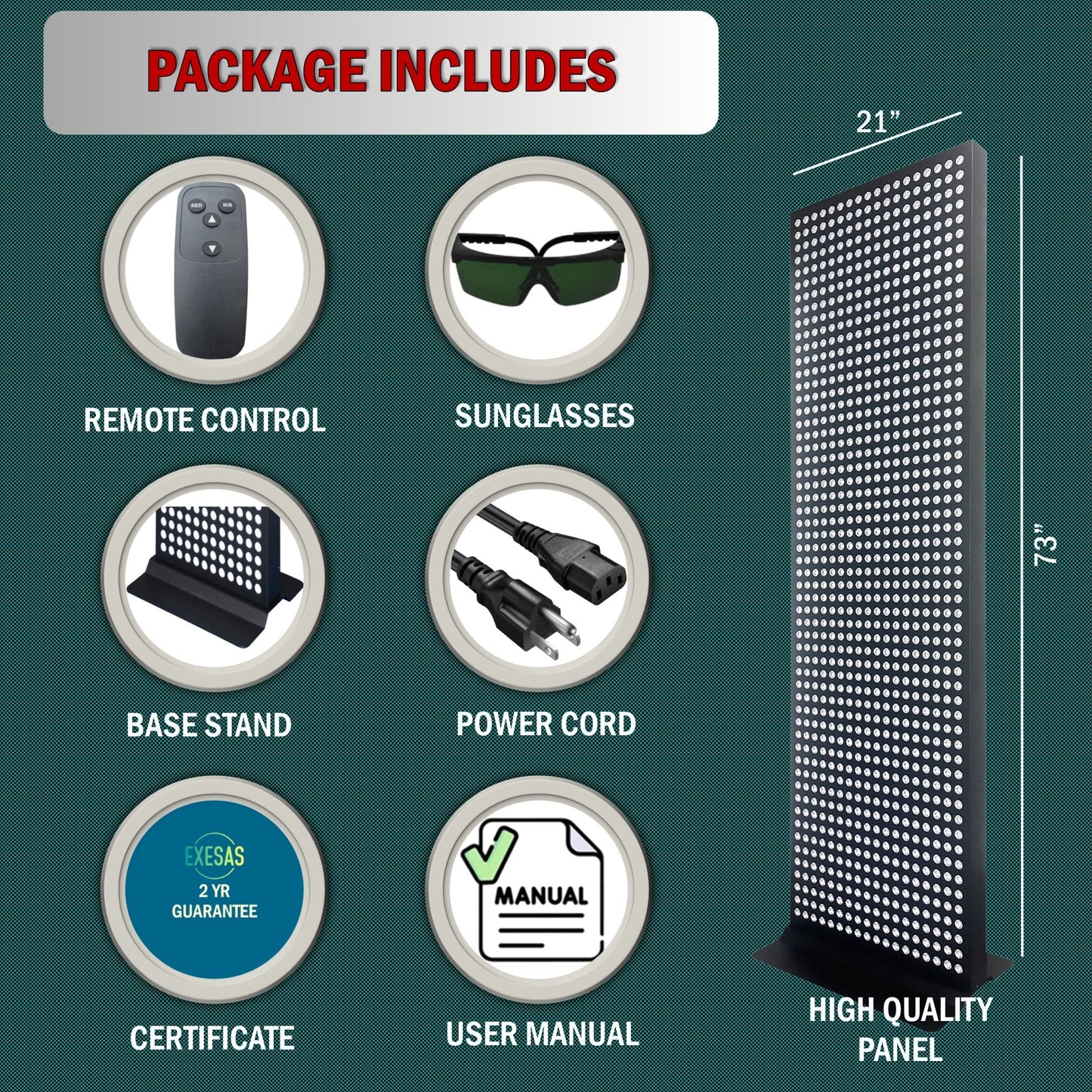 Product package with remote control, sunglasses, base stand, power cord, certificate, user manual, and high-quality panel on a green background.