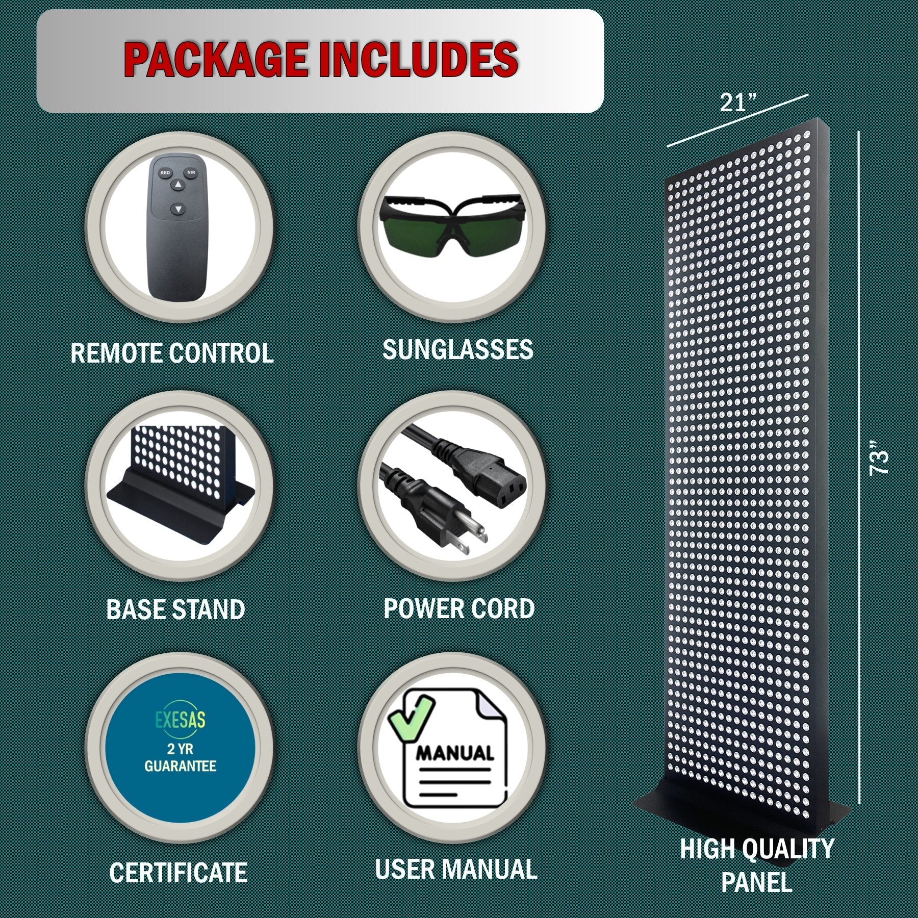 Product package with remote control, sunglasses, base stand, power cord, certificate, user manual, and high-quality panel on a green background.