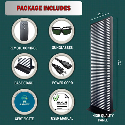 Product package with remote control, sunglasses, base stand, power cord, certificate, user manual, and high-quality panel on a green background.