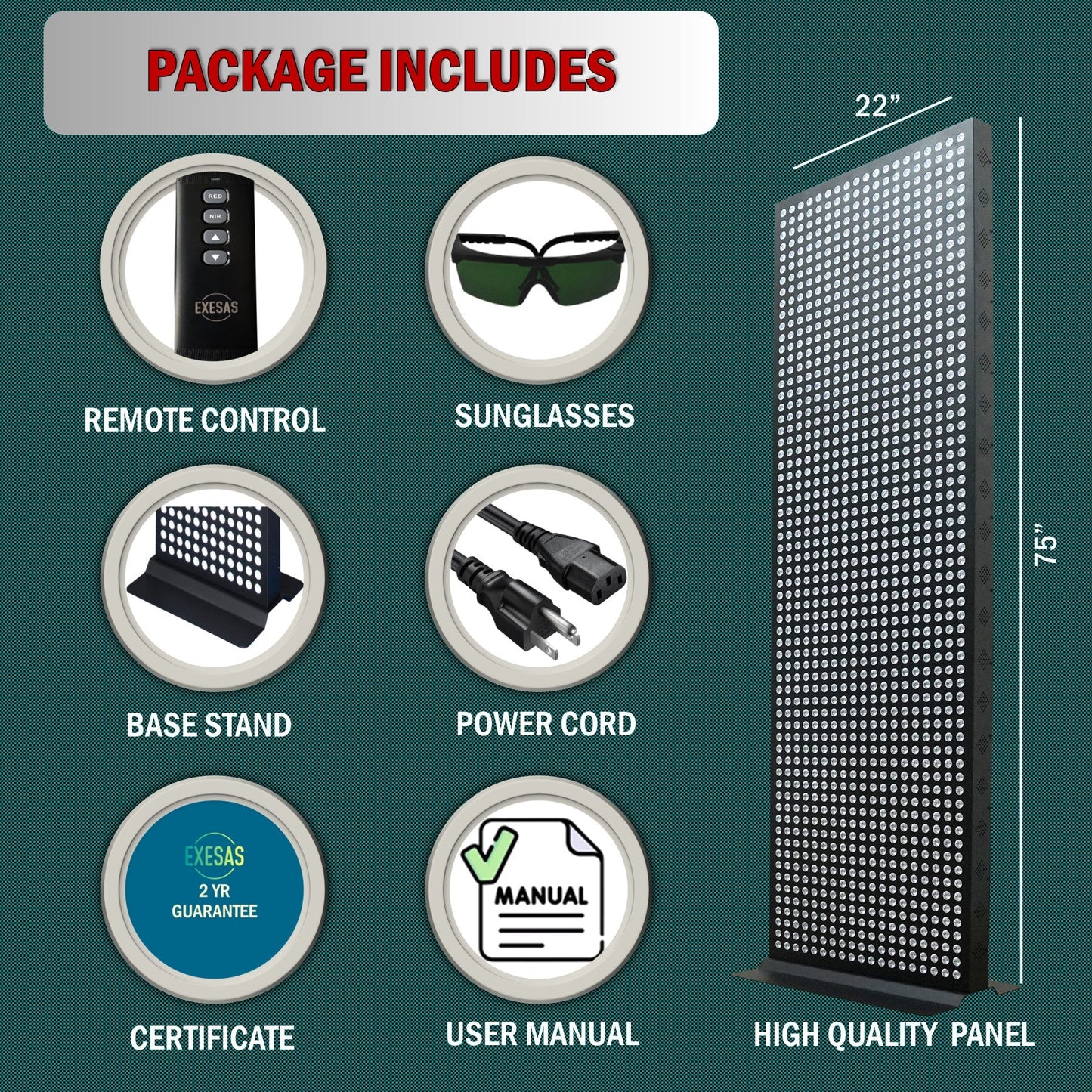 Product package with remote control, sunglasses, base stand, power cord, certificate, user manual, and high quality panel on a green background.