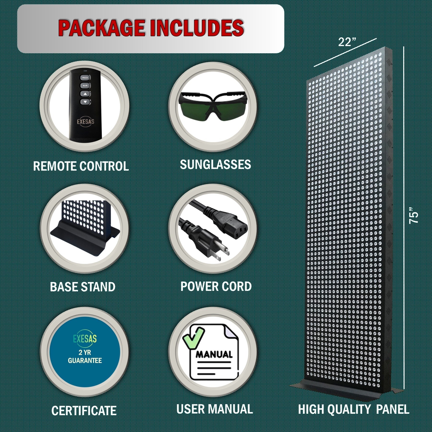 Product package with remote control, sunglasses, base stand, power cord, certificate, user manual, and high quality panel on a green background.