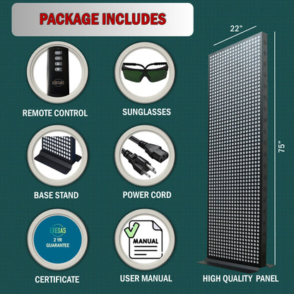 Product package with remote control, sunglasses, base stand, power cord, certificate, user manual, and high quality panel on a green background.