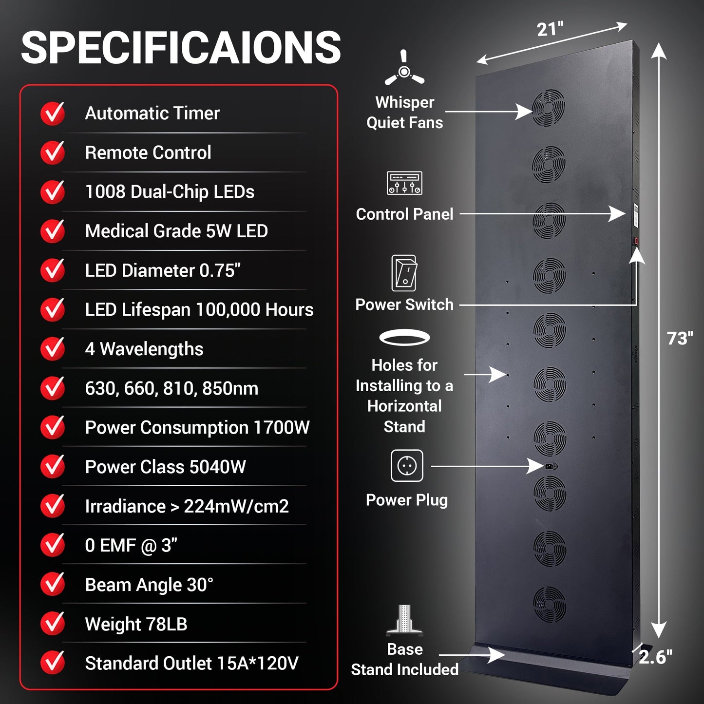 Product specifications and features displayed on a black background with an image of the product.