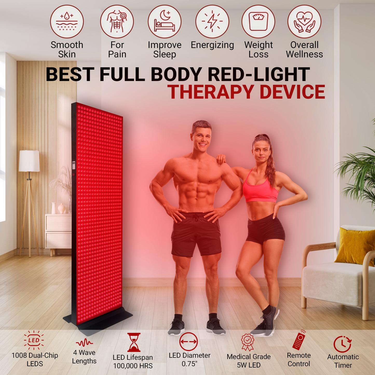 Red-light therapy device with a man and woman standing next to it in a room.