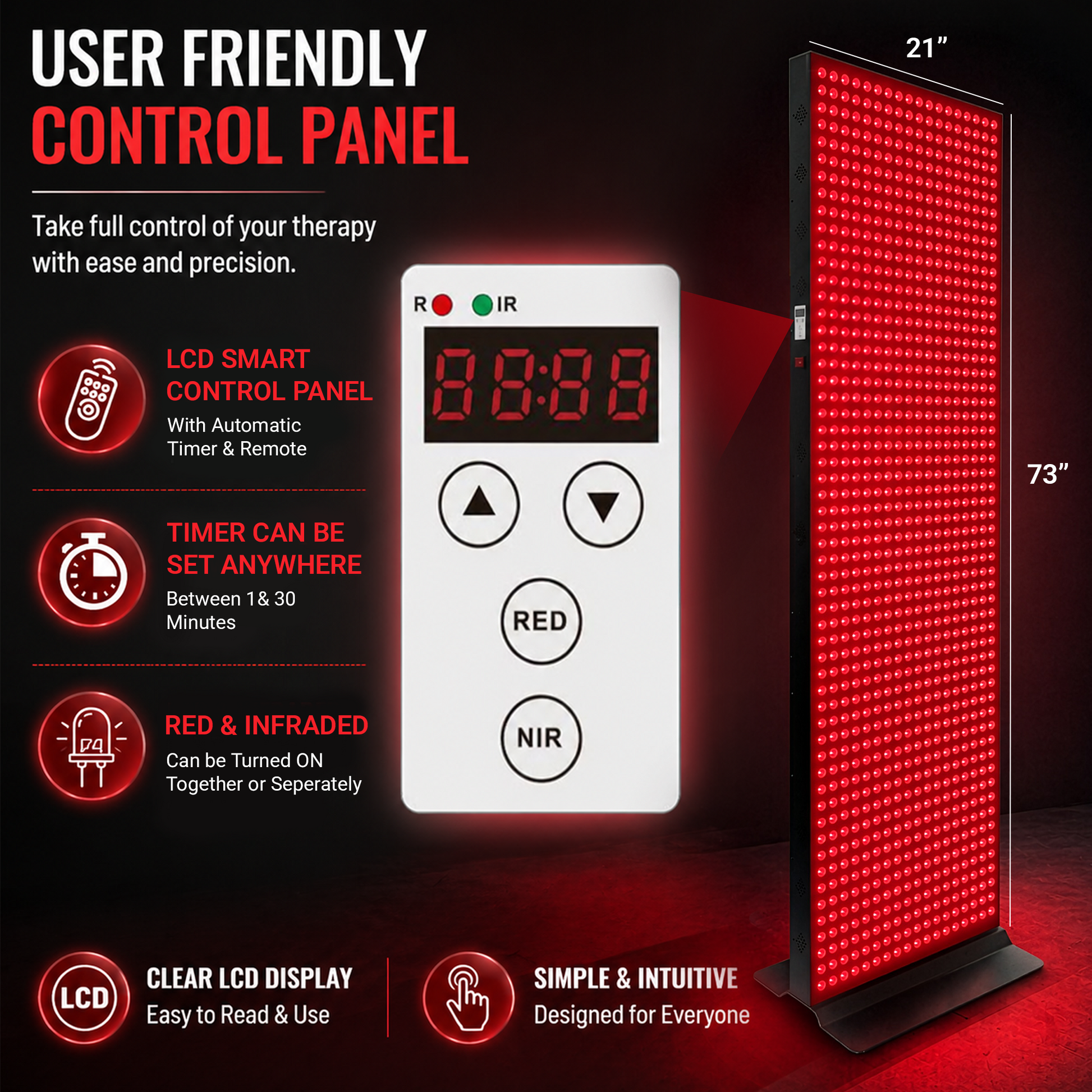 Red light therapy panel with control panel on a black background