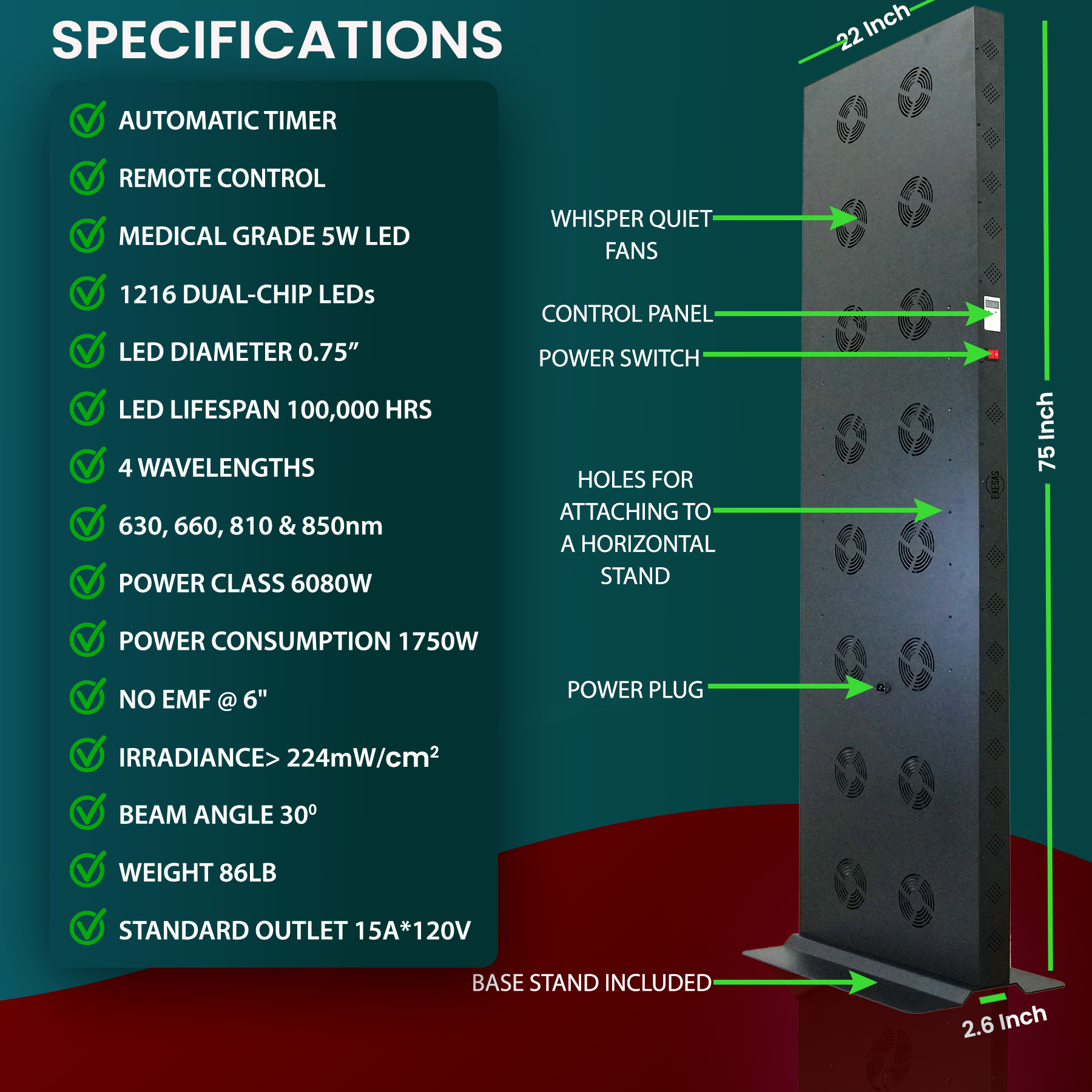 Specifications of a medical LED light with features highlighted on a green and red background