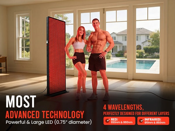 Two people standing next to a large LED panel with text about advanced technology and wavelengths.