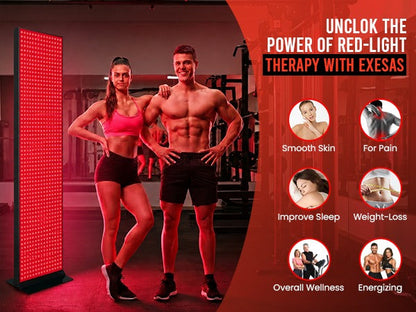 Two people standing next to a red-light therapy device with Exesa branding and benefits listed.