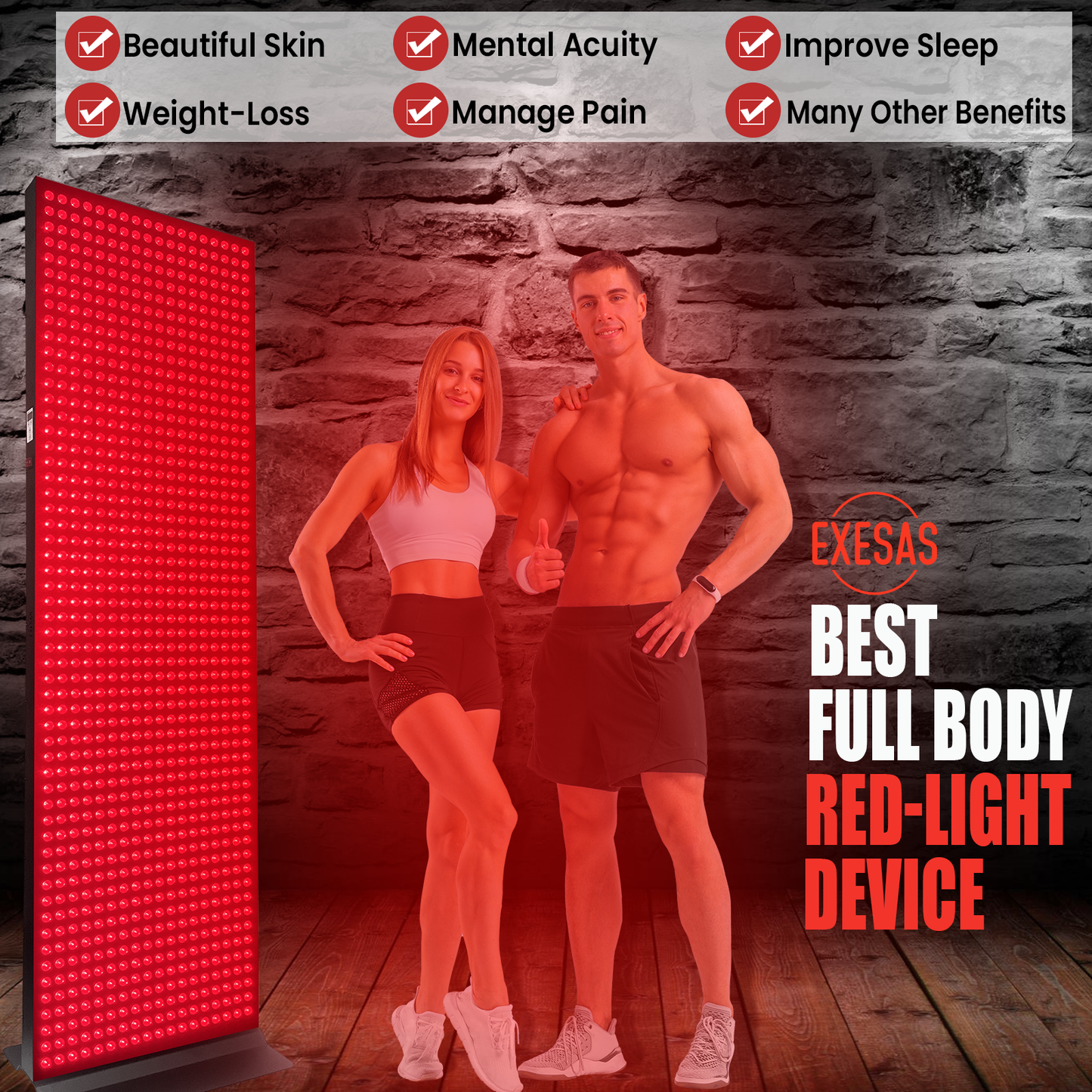 Two people standing next to a red LED panel with text about health benefits on a stone wall background.