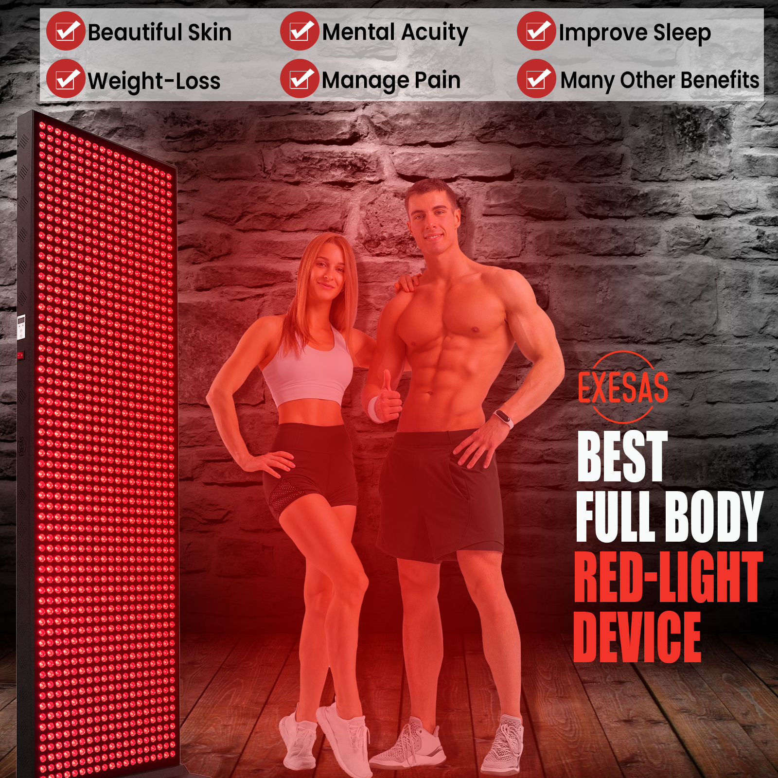 Two people standing next to a red light panel with text about health benefits on a stone wall background.