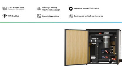 Water chiller with wooden front panel on a white background, featuring text about its features.