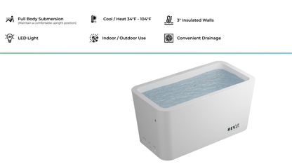 White rectangular pool with blue water on a white background, featuring Revco branding.