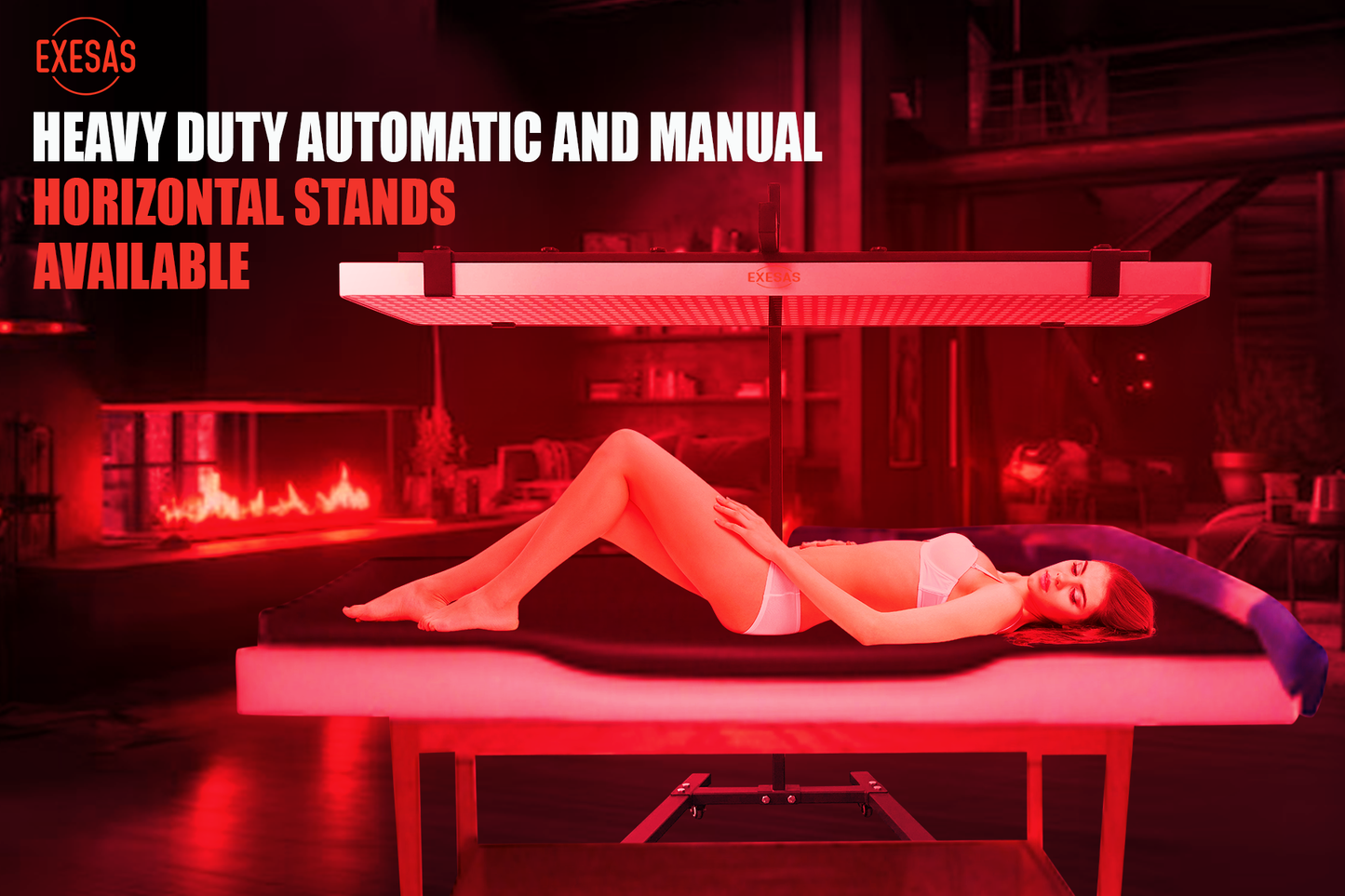 Woman lying on a horizontal stand with red lighting and promotional text for Exesas equipment.