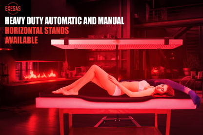 Woman lying on a horizontal stand with red lighting and promotional text for Exesas equipment.