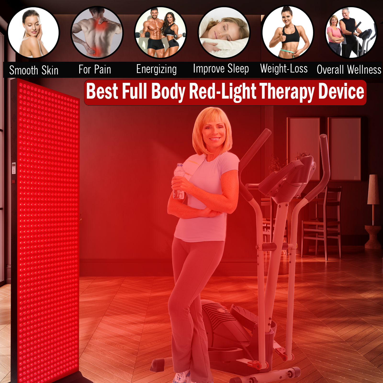 Woman standing in front of a red light therapy device with various health benefits listed above.