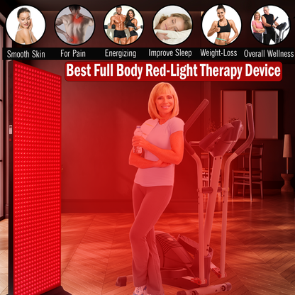 Woman standing in front of a red light therapy device with various health benefits listed above.