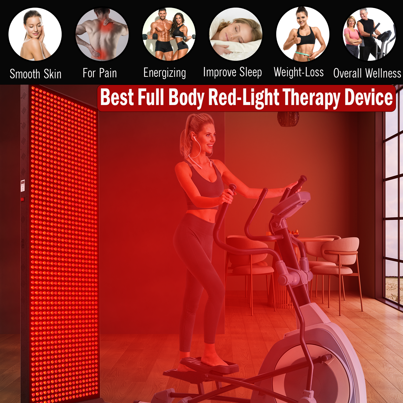 Woman using a red-light therapy device in a room with red lighting.