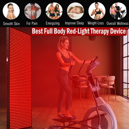 Woman using a red-light therapy device in a room with red lighting.