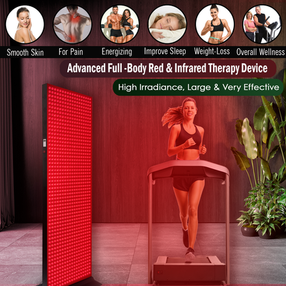 Woman using a red-light therapy device with various health benefits listed above.