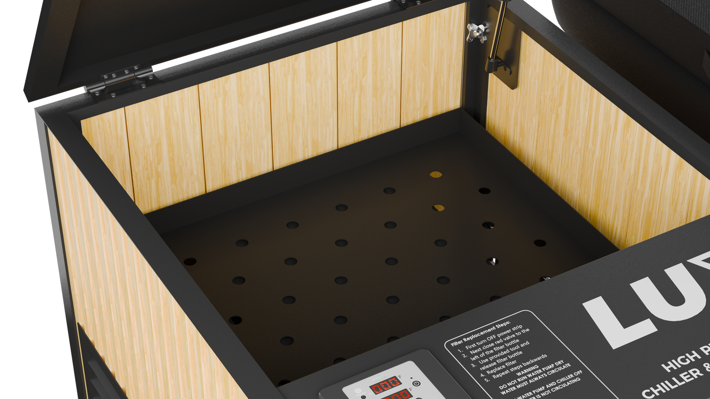 Wooden chiller with black interior and visible brand name on a white background
