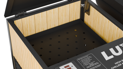Wooden chiller with black interior and visible brand name on a white background