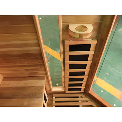 Wooden sauna interior with a ladder and glass door.