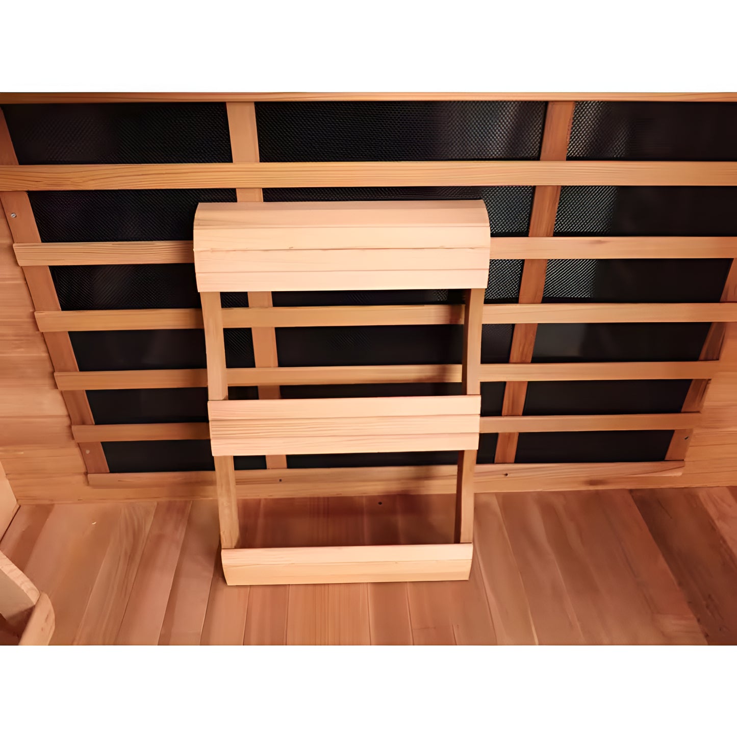 Wooden sauna with backrest and mesh walls