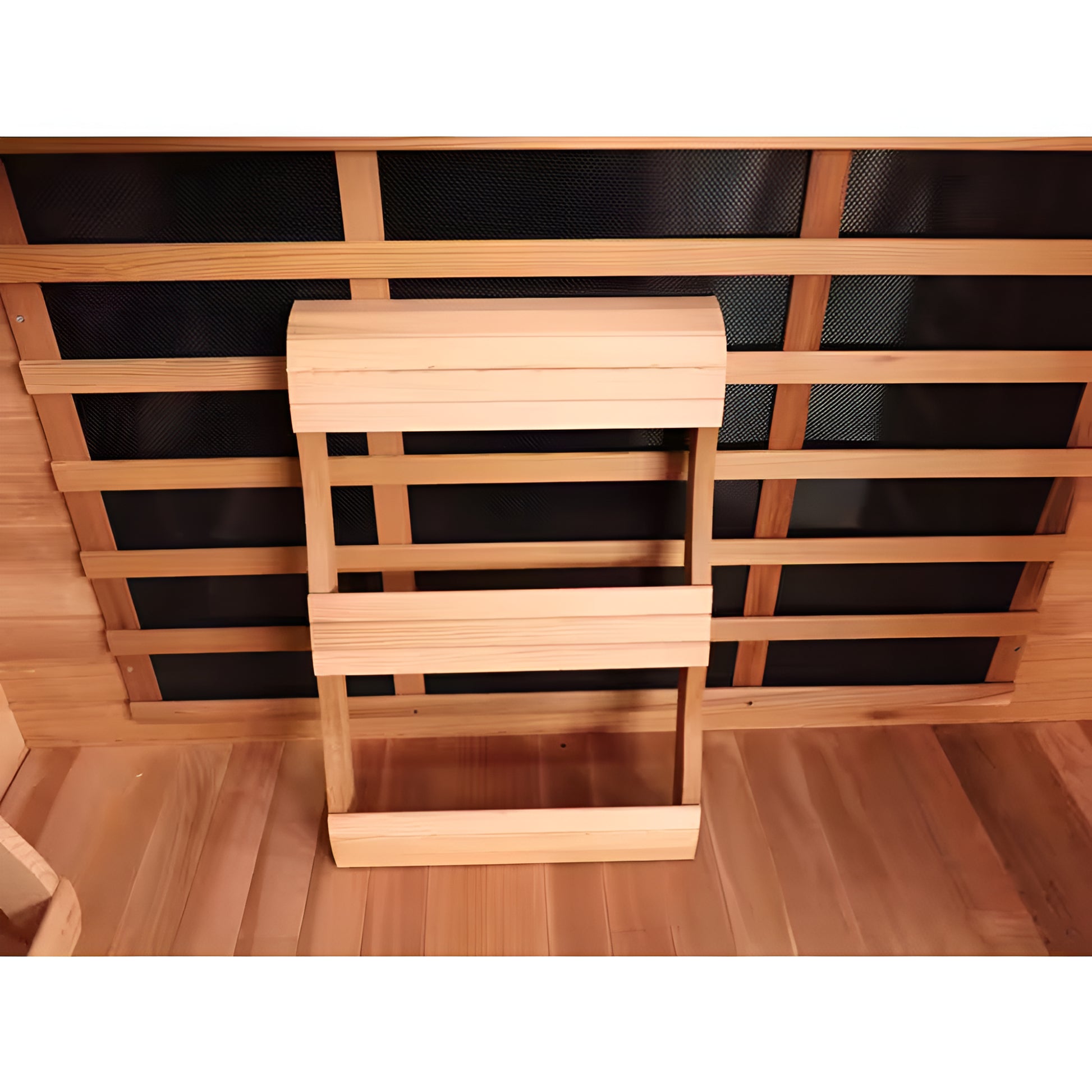 Wooden sauna with backrest and mesh walls