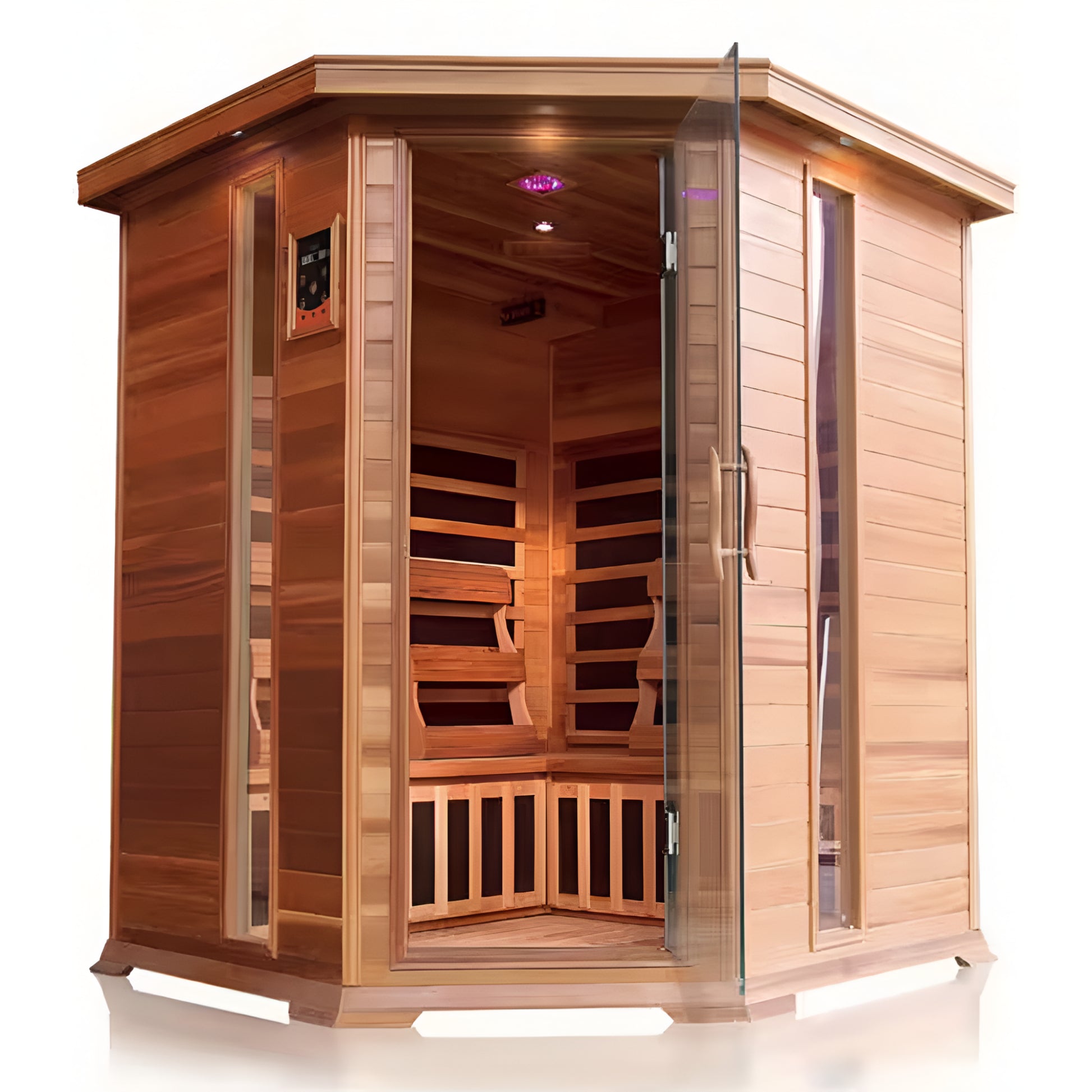 Wooden sauna with glass door on a white background