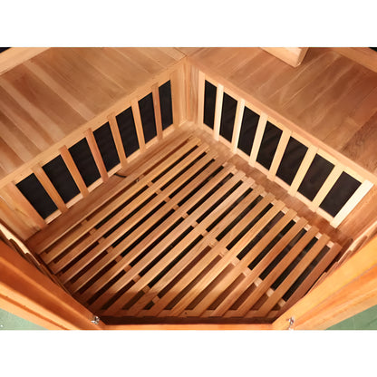 Wooden sauna with slatted floor and panel design