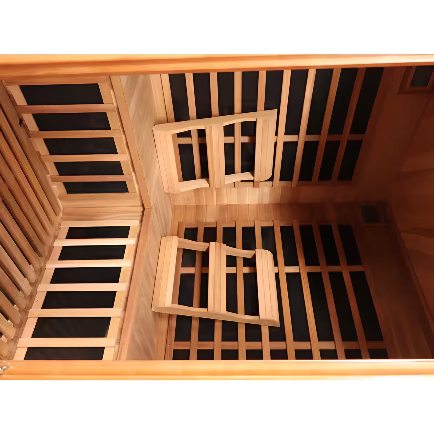 Wooden sauna with two backrests inside
