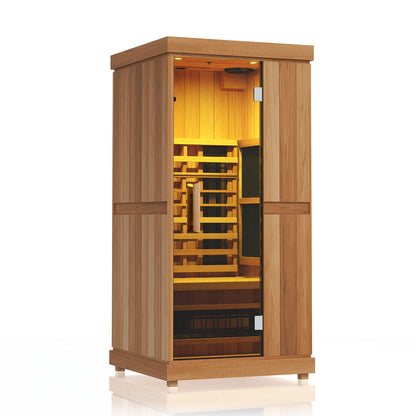 Finnmark FD-1 1-person infrared sauna, with yellow interior lighting