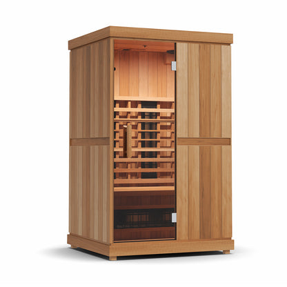 Finnmark FD-2 2-person infrared sauna, front angle view with interior lights on