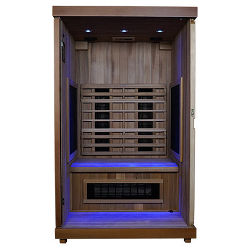 Finnmark FD-2 2-person infrared sauna, interior view with door removed