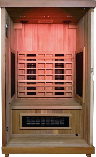 Finnmark FD-2 2-person infrared sauna, interior with red lighting